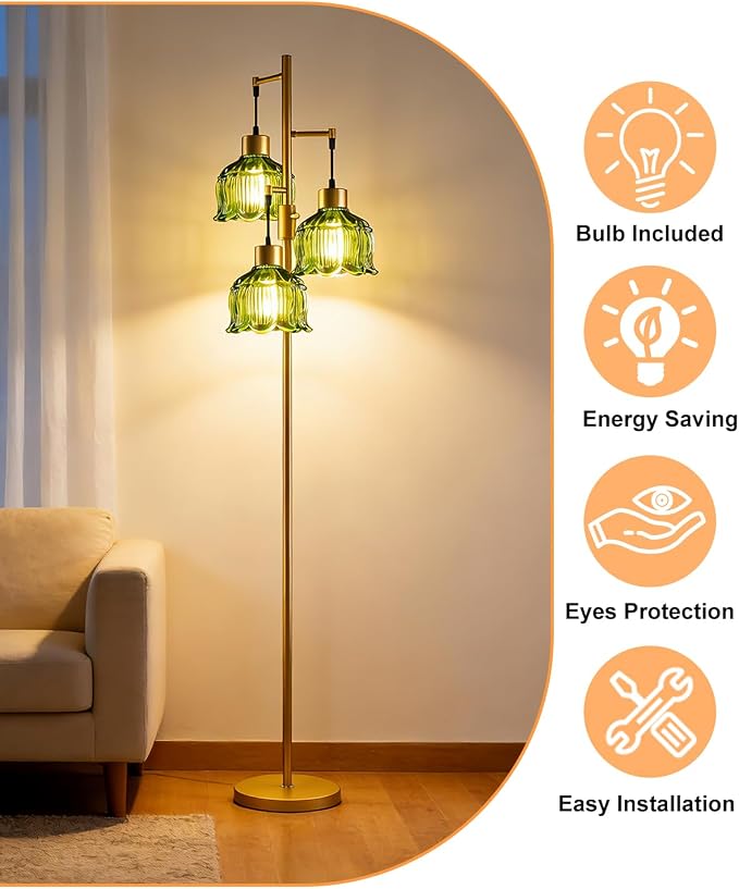 3-Light Modern Glass Floor Lamp, Gold Standing Tall Lamp with Green Vertical Rib Glass Shade for Reading, Dimmable LED Floor Lamp with 5Lbs Heavy Base for Living Room Bedroom Home Decor, Bulb Included
