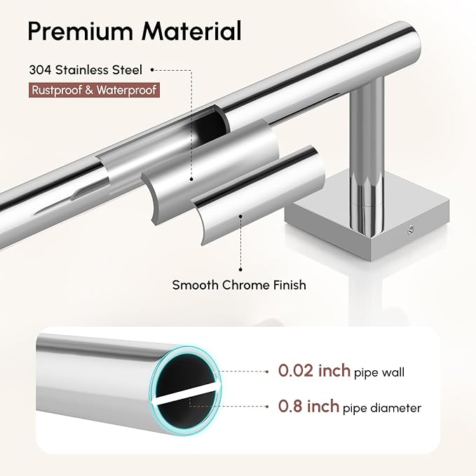 USHOWER Polished Chrome Towel Bar, 24 Inch Towel Racks for Bathroom Wall Mounted, 304 Stainless Steel Towel Holder with Square Base, Modern Home Decor (Total Length 26 Inch)