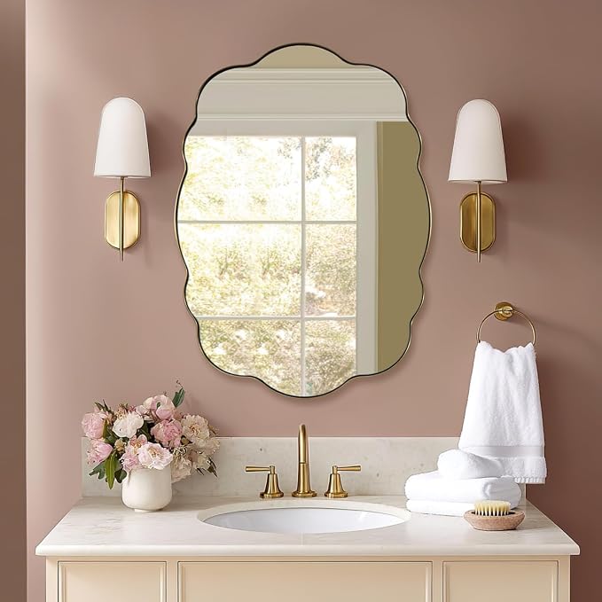 ANDY STAR Brushed Gold Wavy Oval Scalloped Mirror - 24x32 Wavy Modern Bathroom Mirror, Brass Anti-Rust Stainless Steel Frame, Hang Vertical or Horizontal