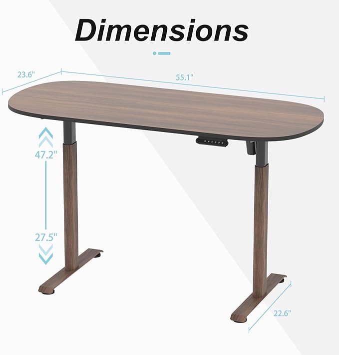 Electric Standing Desk 55x24, One-Piece Walnut Desktop, Height Adjustable Sit Stand Workstation with Quiet Motor & Memory Presets, Oval Leg Home Office Standing Desk, Anti-Collision, Minimalist Design