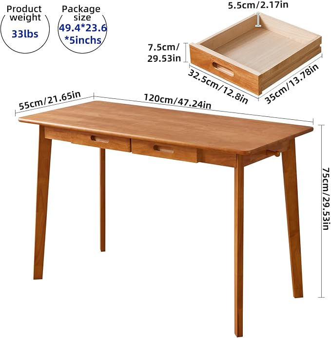 Aibiju Wooden Computer Desk with Drawer and Hanging Rod, Modern Minimalist Style PC Laptop Computer Workbench with Solid Wood, 47" Home Office Work Table, Cherry Wood Color YD-WD03N