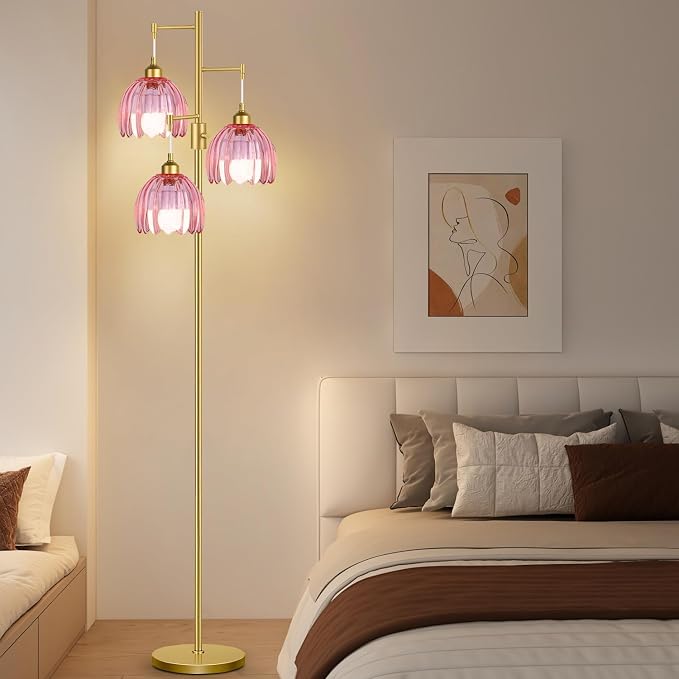 ZECOXOL Gold Floor Lamps for Living Room Vintage Pink Floor Lamp with Glass Lmapshape & Three Led Bulb,Dimmable Mid Century Modern Standing Lamp Tall Tree Flower Floor Lamps for Bedroom,Office,Corner