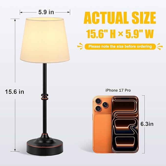 Kakanuo Rechargeable Cordless Table Lamp Antique Black - 2 Pack 4000mAh Battery Operated Lamp, 3000K Warm Light, Touch Control Stepless Dimming, for Bedside, Dining Table, Home Decor