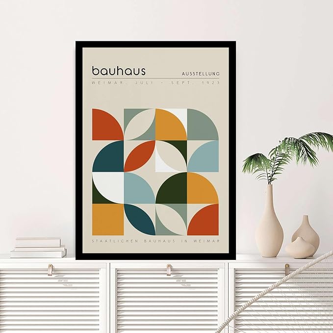 AnenaXean Poster Wall Art Picture Bauhaus Exhibition Poster Geometric Print Abstract Wall Art Mid Century Modern Beige Orange Sage Decor Bedroom and Kitchen Office Wall Decoration 8x12inch Solid wood