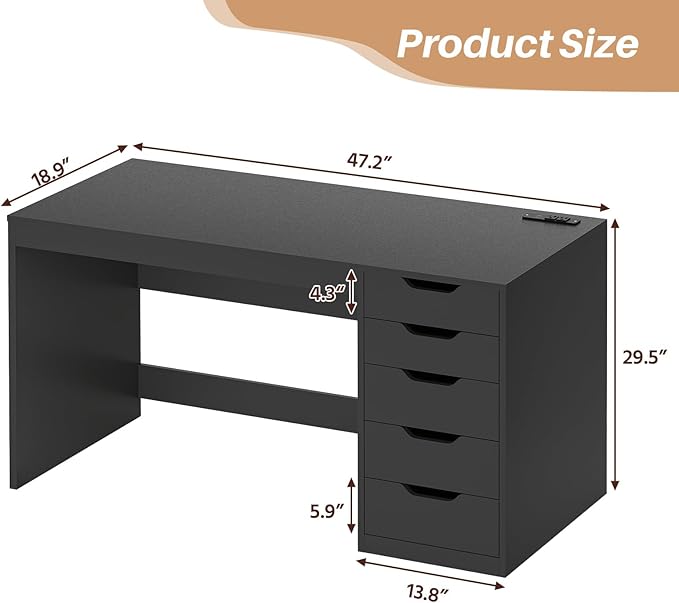 YOMILUVE 47 Inch Computer Desk with 5 Drawers and Power Outlets, Home Office Desks with Storage File Cabinet, Modern Simple Laptop Desk Writing Table for Small Spaces, Black