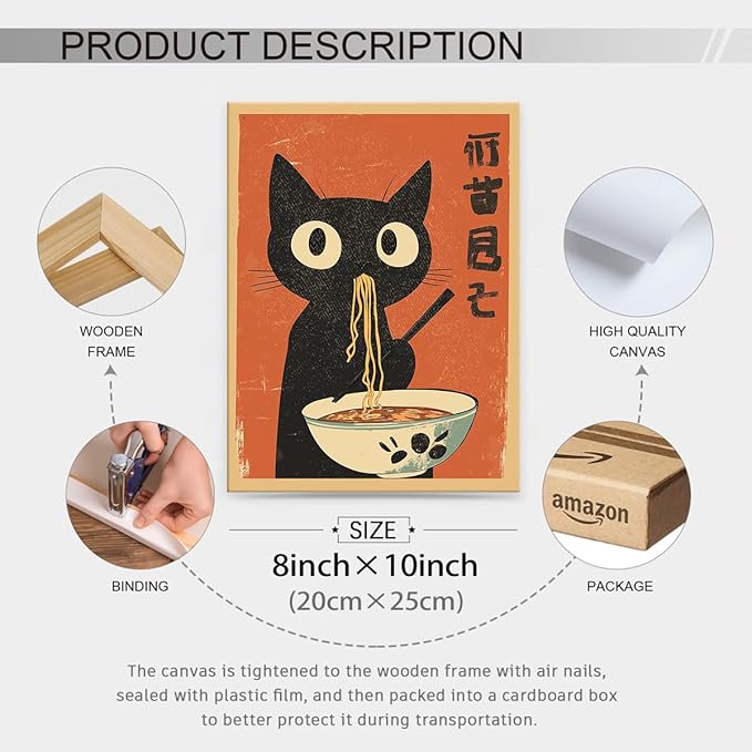 Funny Black Cat Eat Ramen Noodles Poster Vintage Japanese Kitchen Food Wall Art 08x10 inch Framed Whimsical Cute Animal Canvas Prints for Restaurant Wall Decor