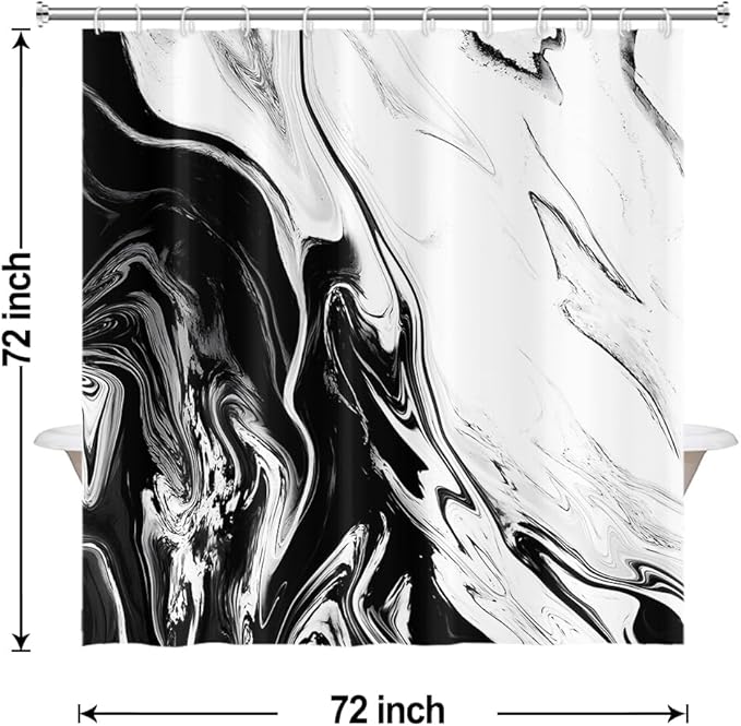 Black and White Shower Curtain, Modern Abstract Black Marble Shower Curtain for Bathroom Aesthetic Ink Texture Waterproof Shower Curtain Set with Hooks, 72x72 Inch
