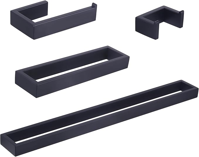 GERZWY Bathroom Accessory 4-Piece Set SUS 304 Stainless Steel Towel Bar Toilet Paper Holder Towel Ring Towel Hooks Wall Mount, Matte Black HG1708-4BK
