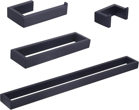 GERZWY Bathroom Accessory 4-Piece Set SUS 304 Stainless Steel Towel Bar Toilet Paper Holder Towel Ring Towel Hooks Wall Mount, Matte Black HG1708-4BK