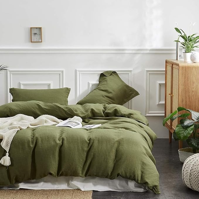 Simple&Opulence 100% Linen Duvet Cover Set, 3 PCS Natural French Flax Olive Green Duvet Cover King Size, Breathable Soft Comfy Linen Bedding Comforter Cover with 2 Pillowcases(Olive Green, 104"x92")