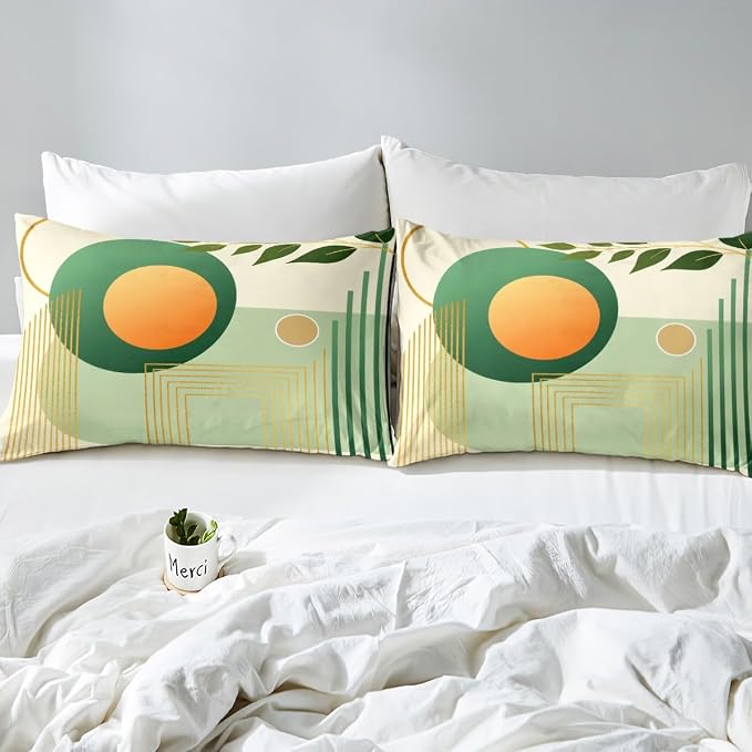 Erosebridal Boho Mid Century Twin Comforter Cover Green and Beige Neutral Modern Duvet Cover Geometric Abstract Bed Set Minimalist Aesthetic Bedding Set