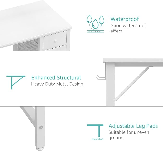 Lufeiya White Computer Desk with Drawers, 47 Inch Reversible Study Work Writing Desk for Home Office Bedroom, Simple Modern Cute PC Desks with Fabric Drawer, White