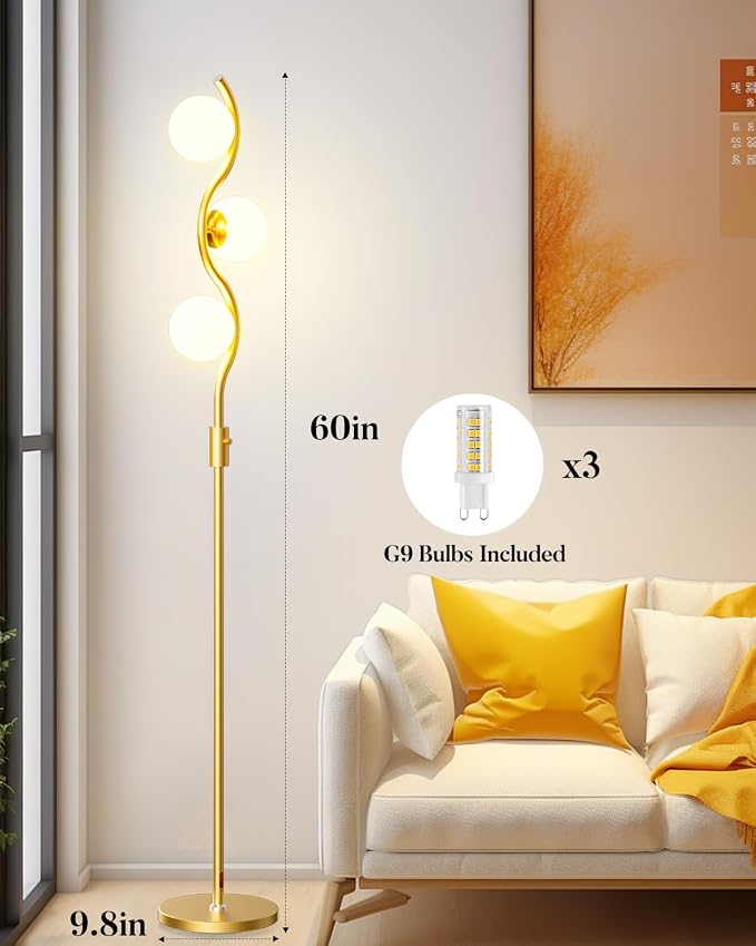 60IN Dimmable Gold Globe Floor Lamp, Modern Standing Lamps with 3 Soft Warm White 3000K Bulbs, Mid Century Floor Lamp with 5Lbs Heavy Base for Living Room Bedroom Home Decor