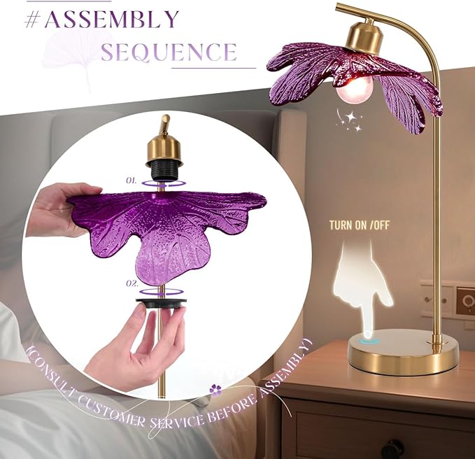 Purple Glass Table Lamps, Flower Shade Design & Touch Metal Base, Mid Century Table Lamp Gold Nightstand Desk Lamp Vintage Small Table lamp for Girl's Room Bedside Bedroom Living Room