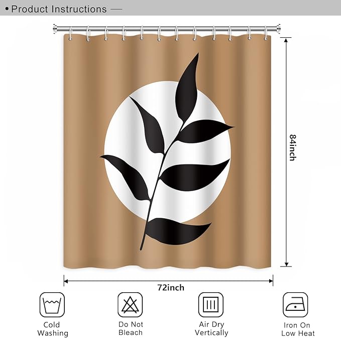 Abstract Bohemian Bathroom Shower Curtain - White Circle Eucalyptus Leaves Boho Tan With Hooks, Waterproof Polyester for Modern Aesthetics Home Decor, 72x84 Inch