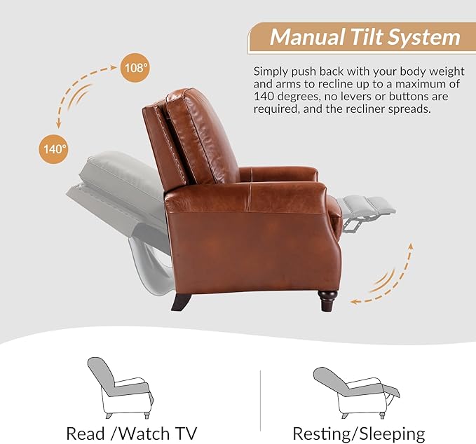 HULALA HOME Genuine Leather Recliner Chair Set of 2, Push Back Recliner Armchair with Thick Seat and Backrest(Saddle)