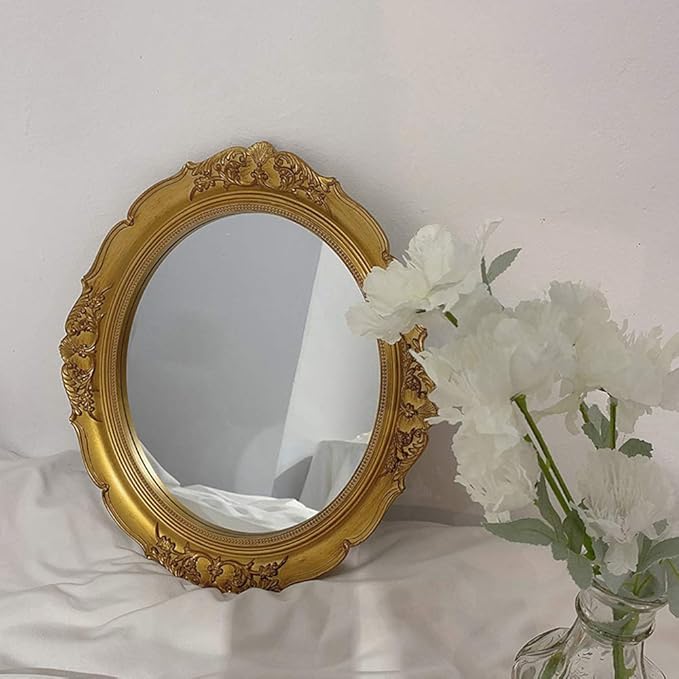 Vintage Carved Decorative Wall Mirror, Hanging Mirror for Dresser Decor Bedroom Living-Room, Cosmetics Jewelry Dresser Organizer Tray (15”x 13.4”) (Golden-Oval)