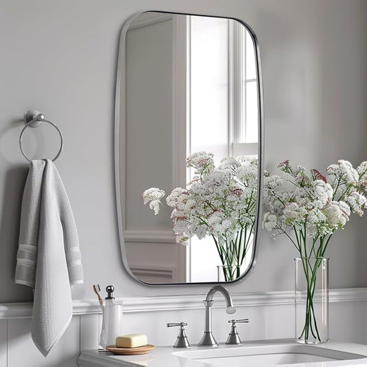 ANDY STAR Brushed Nickel Bathroom Mirror, 24x40” Oblong Mirror with Stainless Steel Metal Frame, Silver Oval Vanity Mirror for Over Sink, Modern Anti Rust Wall Mounted