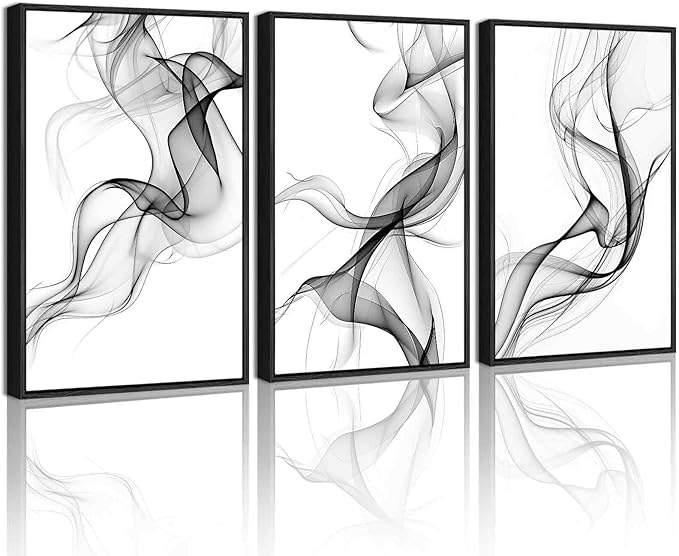 KUVIOKE Black White Abstract Framed Canvas Wall Art Ink Wash Pastel Wall Decor Modern Transparent Fog Illustration Art Painting for Bedroom Dining Room 16x24in (Black Framed)
