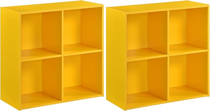 Kings Brand Furniture George 4-Cube Storage Organizer, 2-Tier Bookcase with Wood Shelves for Living Room, Bedroom, Nursery, or Home Office (Yellow, 2-Pack)