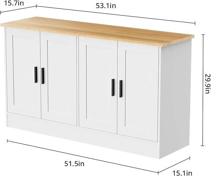 Anystyle 53" White Buffet Cabinet with Storage, Modern Kitchen Sideboard with 4 Doors & Adjustable Shelves, Entryway Credenza & TV Console Table for Living Room, Dining Room