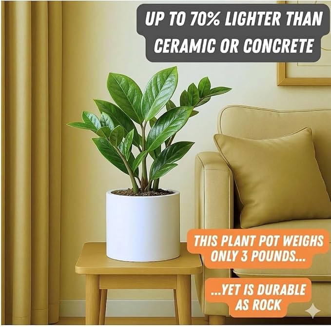 Fox & Fern Large Indoor Planter, Modern Large Plant Pot for Indoor or Outdoor, UV and Frost Resistant - 8 Inch, Fiberstone, Glossy White Flower Pot with Drainage Plug, Lightweight