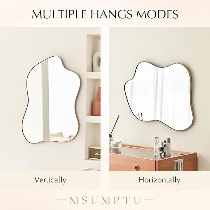 Irregular Wall Mirror Brass Wave Shaped Metal Framed Wall Mirror for Bathroom Bedroom Entryway Living Room Wall Decor 24" L x 18" W 2305B