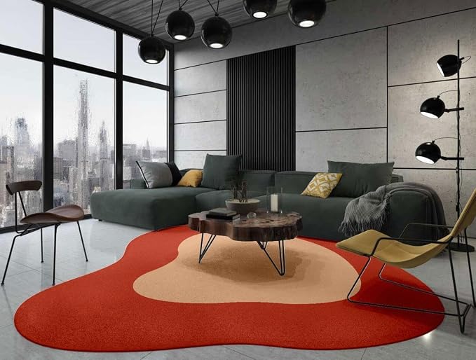 Red Beige Brown Irregular Rug Minimalist Modern Abstract Area Rug for Living Room Bedroom Playroom Unique Designer Machine Washable Comfort Carpet Boho Home Office Nursery Non Shedding Floor Mat 4ft