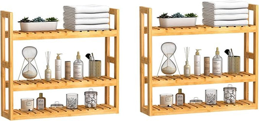 Domax Bathroom Wall Shelf - Over Toilet 3 Tier Storage Rack Adjustable Layer Multifunctional Utility Wall Mounted Towel Shelves Living Room Kitchen (Bamboo-Pack of 2)