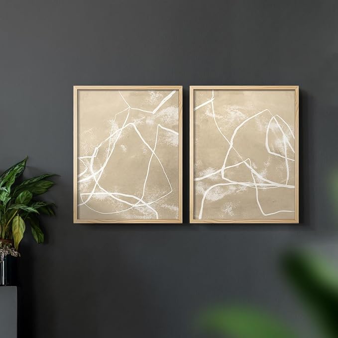 Renditions Gallery Set of 2 Peel & Stick Framed Prints, Neutral Abstract Wall Art, Beige Line Art Pattern Wall Decor, Re-Stickable - Ready to Hang - 11"x14" - NATURAL WOOD Frame LT588