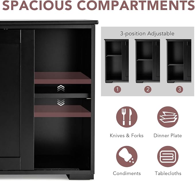 Sideboards Buffet Cabinet with Storage, Sliding Door Coffee Bar, Console Table with Adjustable Shelf, Credenzas for Living Room, Stackable Kitchen Cupboard for Dining Room (Black)
