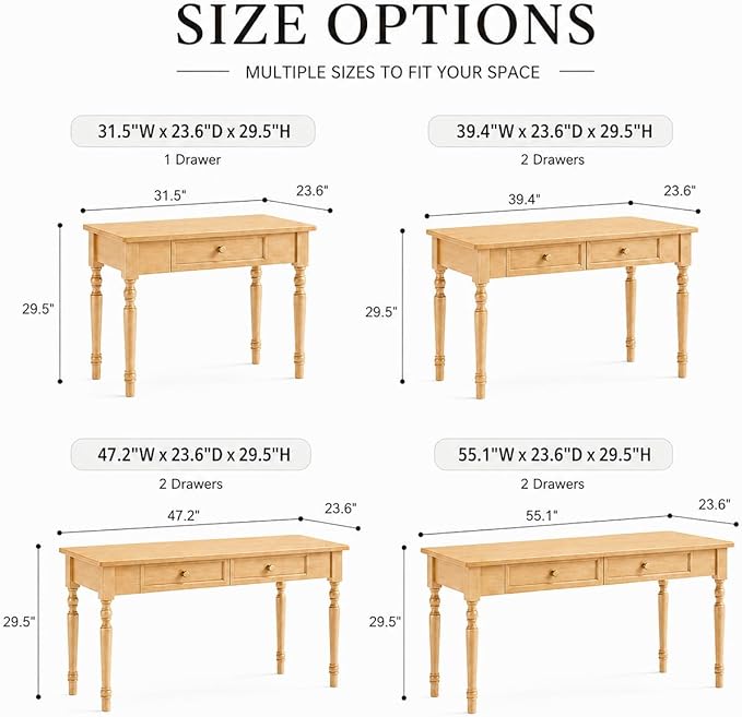 Walnut Writing Desks with Drawers, 47" Solid Wood French Country Style Computer Desk for Home Office, Living Room Study Workspace or Bedroom, Traditional Vanity Dressing Table