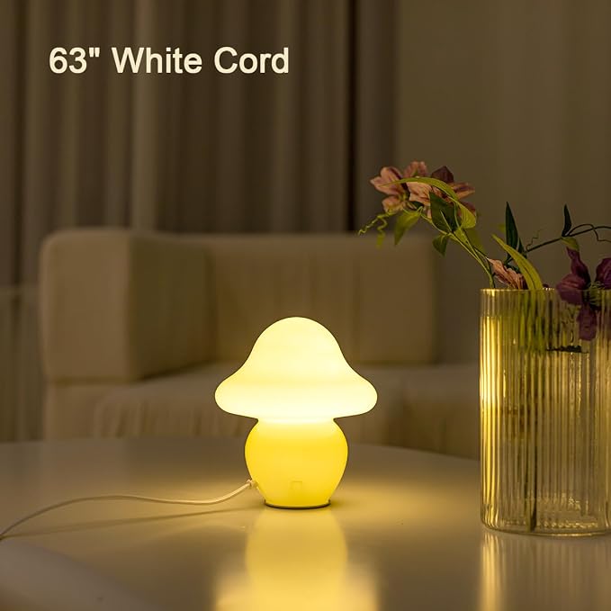 HEQET Mushroom Lamp White Glass Mushroom Table Lamp for Bedrooms, Living Room, Aesthetic Lamps for Bedroom, Cute Bedside Lamp (Yellow)