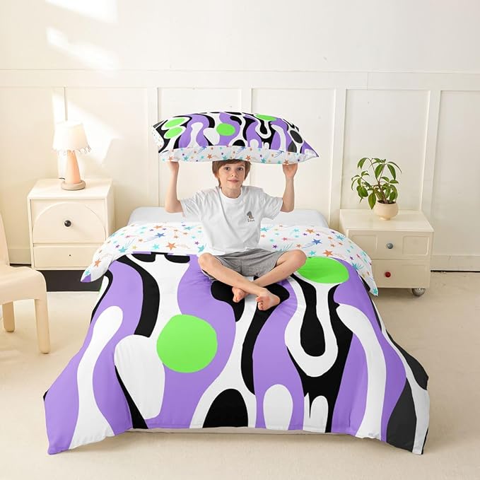 Erosebridal Organic Abstract Duvet Cover Set Modern Contemporary Twin Bedding Sets for Girls Kids Boys Boho Mid Century Wavy Lines Comforter Cover Retro Geometric Bed Set,Purple Green