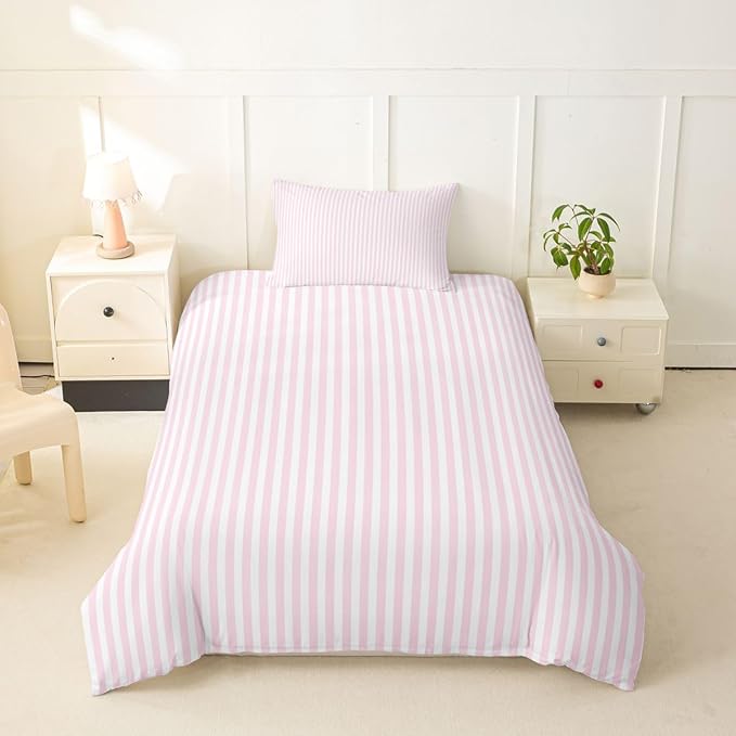 Erosebridal Pink White Stripe Toddler Bedding Set Geometric Striped Duvet Cover for Kids Teens Farmhouse Ticking Stripes Comforter Cover Horizontal Stripes Modern Abstract Bed Set with Zipper