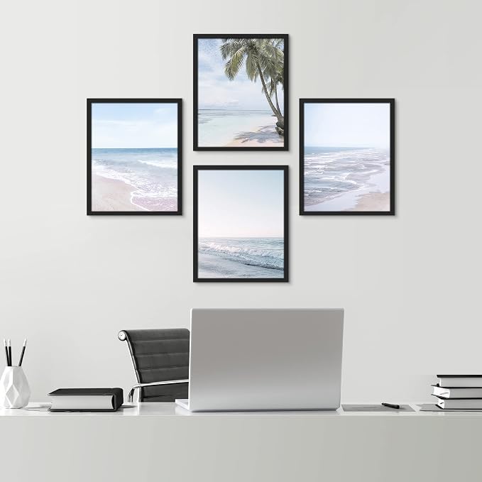 SIGNWIN Framed White Pastel Tropical Island Ocean Beach Shore Wall Art, Set of 4 Landscape Colorful Wall Decor Prints, Nature Wilderness Wall Décor for Living Room, Bedroom - 12"x16" Black