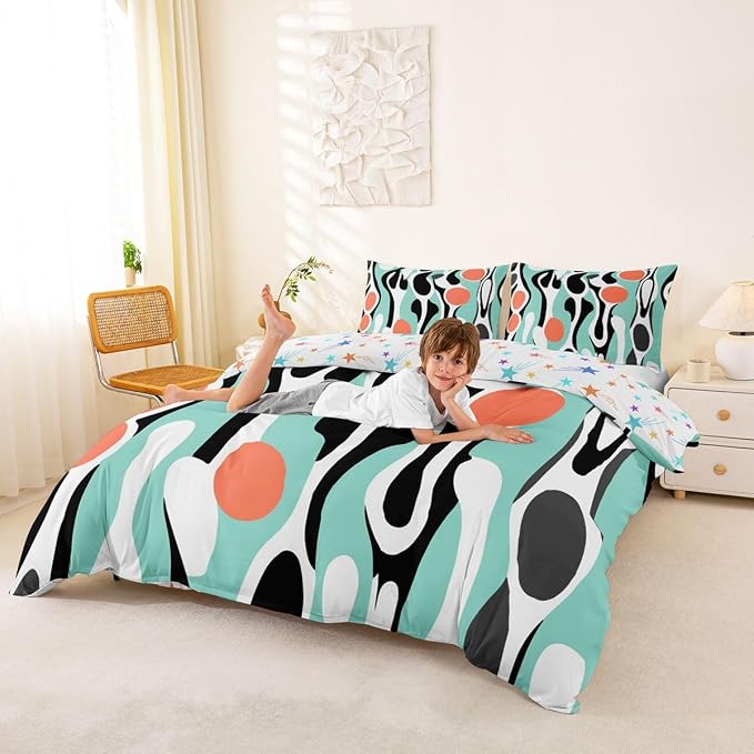 Mid Century Modern Abstract Duvet Cover Set Vintage Geometric Full Size Bedding Sets for Preteen Boys Girls Contemporary Organic Shapes Comforter Cover Squiggle Blob Bed Set,Teal Coral Salmon Pink