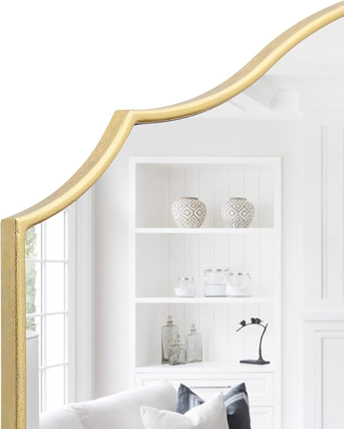 Besdomus Gold Scalloped Mirror for Dresser: 35"x26" Modern Wooden Mantel Mirror - Minimalist Decorative Wall for Vanity/Bedroom/Fireplace/Entryway - Ideal for 20-44 Age Fashion Women