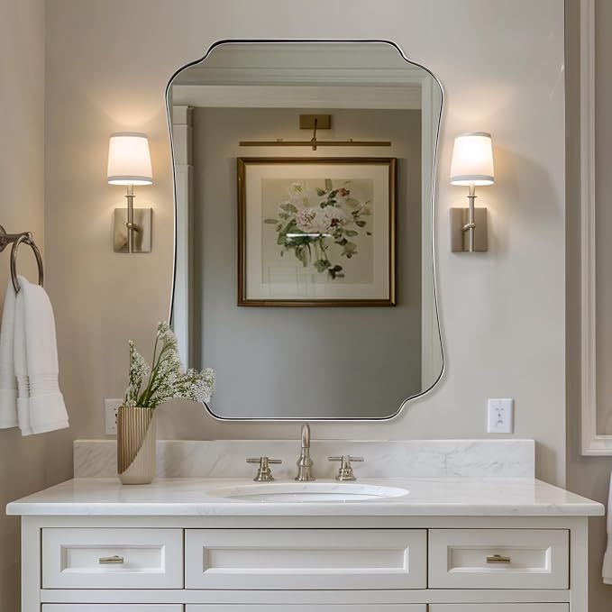 ANDY STAR 30"x40" Chrome Bathroom Mirror, Decorative Scalloped Shape Wall Mirror with Stainless Steel Frame, Modern Wave-Edge Design for Vanity, Hallway, Lounge Decor