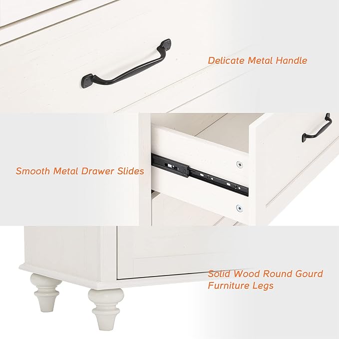 WAMPAT Off White Dresser for Bedroom with 6 Drawers, Wooden Dresser TV Stand with Wide Chest of Drawers, Mid Century Modern Closet Storage Organizer for Living Room, Hallway, Nursery