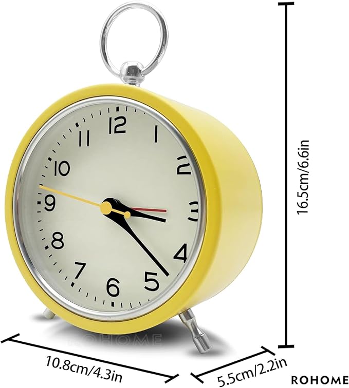 Rohome Small Alarm Clock with Night Light, Silent Quartz Movement, Non-Ticking, Decorative, Wall Hanging, for Bedside Table, Desk, Kitchen, Bedroom, Shelf, Nightstand, Office (Yellow)