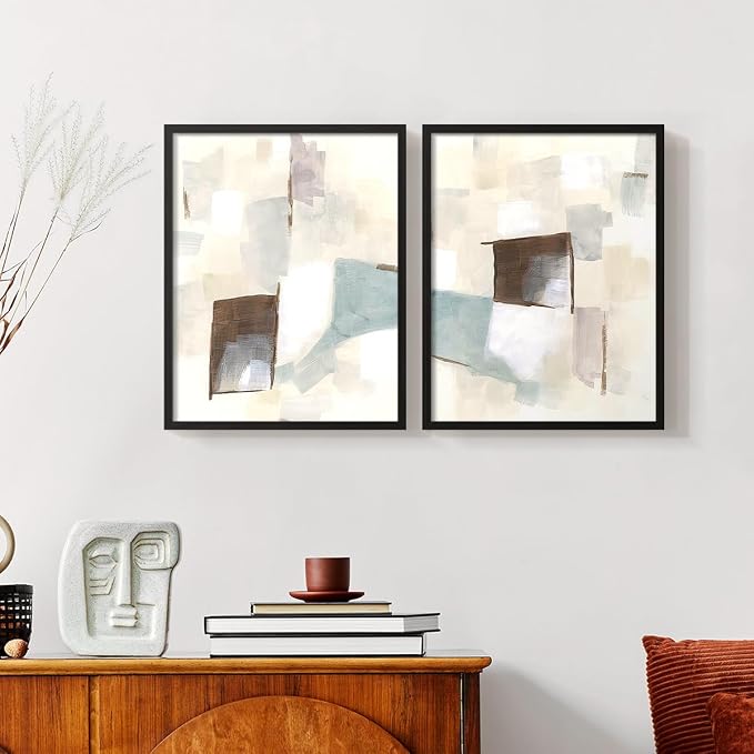 Renditions Gallery Set of 2 Peel & Stick Framed Prints, Abstract Wall Art, Minimalist Color Block Brush Strokes Wall Decor, Re-Stickable - Ready to Hang - 22"x28" - Black Frame LT588