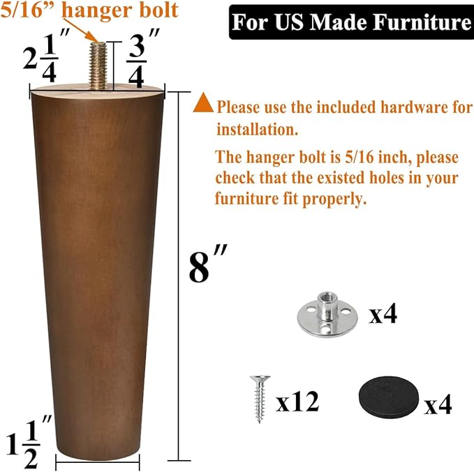 Furniture Leg Sofa Legs Replacement Wood 8 inch Mid Century Dresser Legs with 5/16 inch Bolt Set of 4