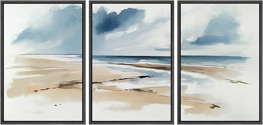SIGNWIN Framed Canvas Print Wall Art Set Coastal Beach Horizon Blue and Tan Seascape Illustrations Modern Art Decorative Boho Relax/Zen Nordic for Living Room, Bedroom, Office - 24"x36"x3 Black