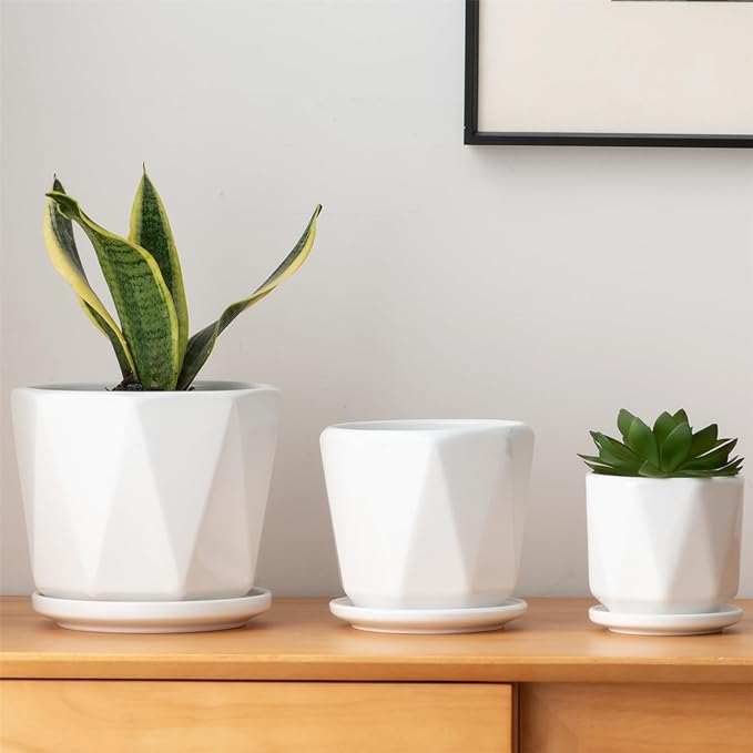 White Ceramic Planter, Plant Pots Indoor with Drainage, 6.5+5.5+4.5 Inch Octagon Modern Decor Flower Pots for Succulents and Cactus, Perfect for Desk, Window Sill, Living Room