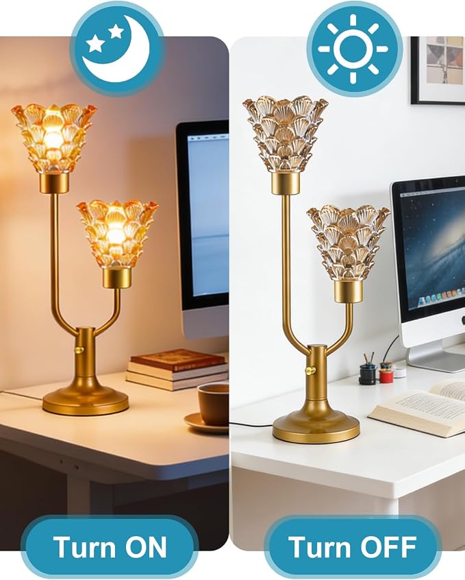 Lightdot Vintage Gold Table Lamp for Bedroom Dimmable Mid Century Modern Desk Lamp Amber Glass Nightstand Lamp 2 Bulbs Included Warmwhite Ambient Bedside Lamps for Living Room Home Office Decor Gift