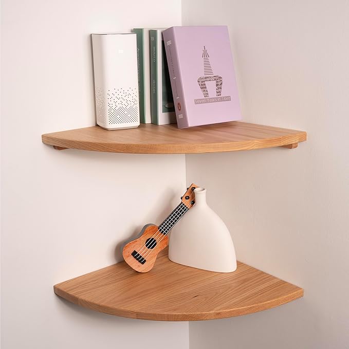 Floating Corner Shelves Oak 16", Solid Oak Wall Mounted Wooden Display Storage Rack with Wire Hole for Plants, Photos, Speakers, Bedroom, Kitchen, Living Room Décor - 2-Pack