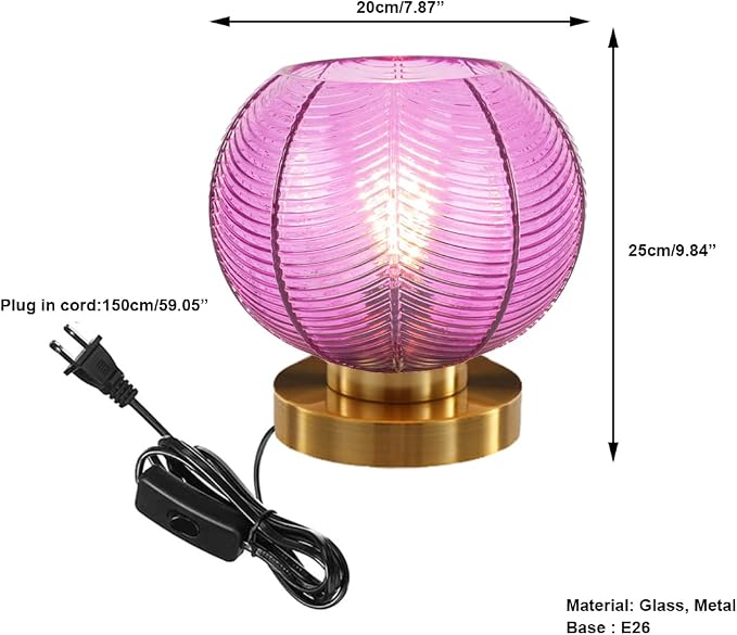 Gold Mid Century Modern Table Lamp with Purple Ribbed Glass Shade - Globe Desk Nightstand Lamp for Bedroom, Living Room, Office