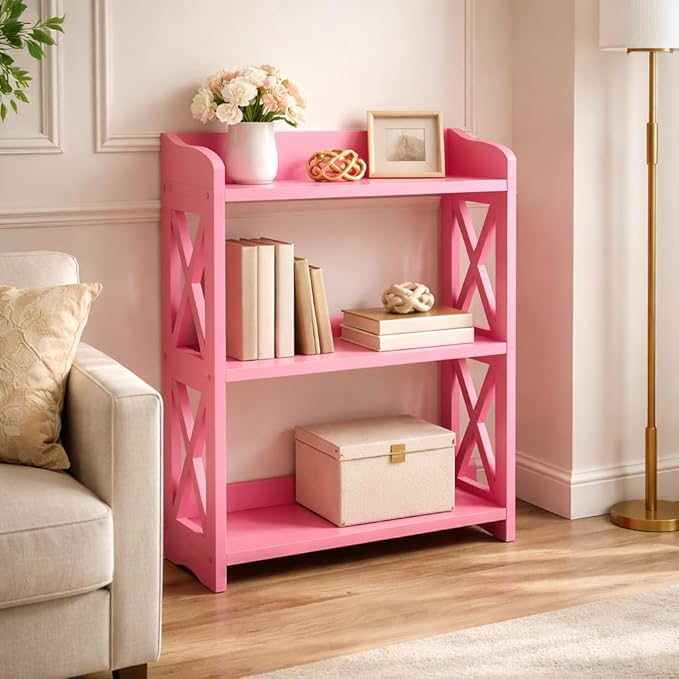 Pink Bookcase by Natural Wood, 3 Tier Bookshelf, Small Book Shelves Freestanding Display Storage Shelves. Open Bookshelf for Bedroom, Living Room and Office (Pink, 3 Tier)