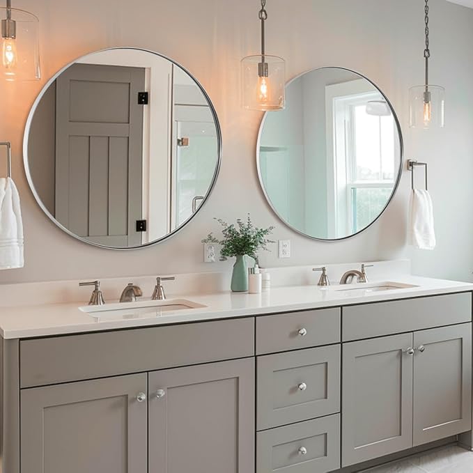 ANDY STAR Round Bathroom Mirror, 24’’ Polished Chrome Round Bathroom Mirrors in Stainless Steel Metal Frame 1" Deep Set Design 7